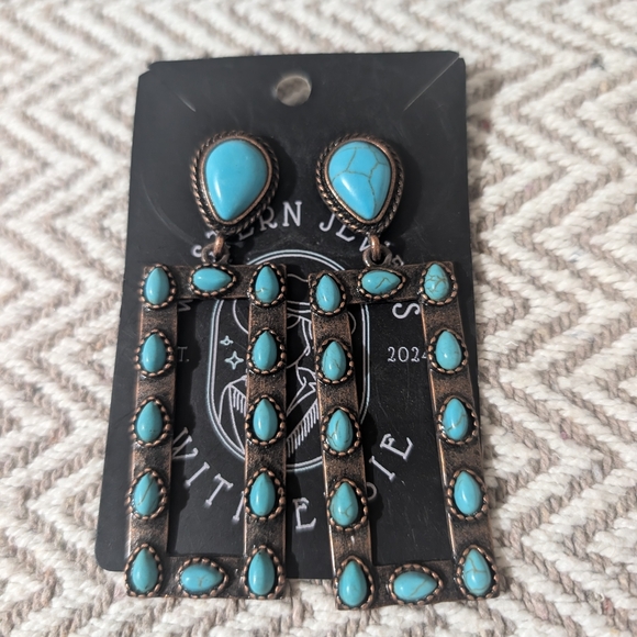 Turquoise Teardrop Earrings with Bronze Accents - Picture 1 of 2